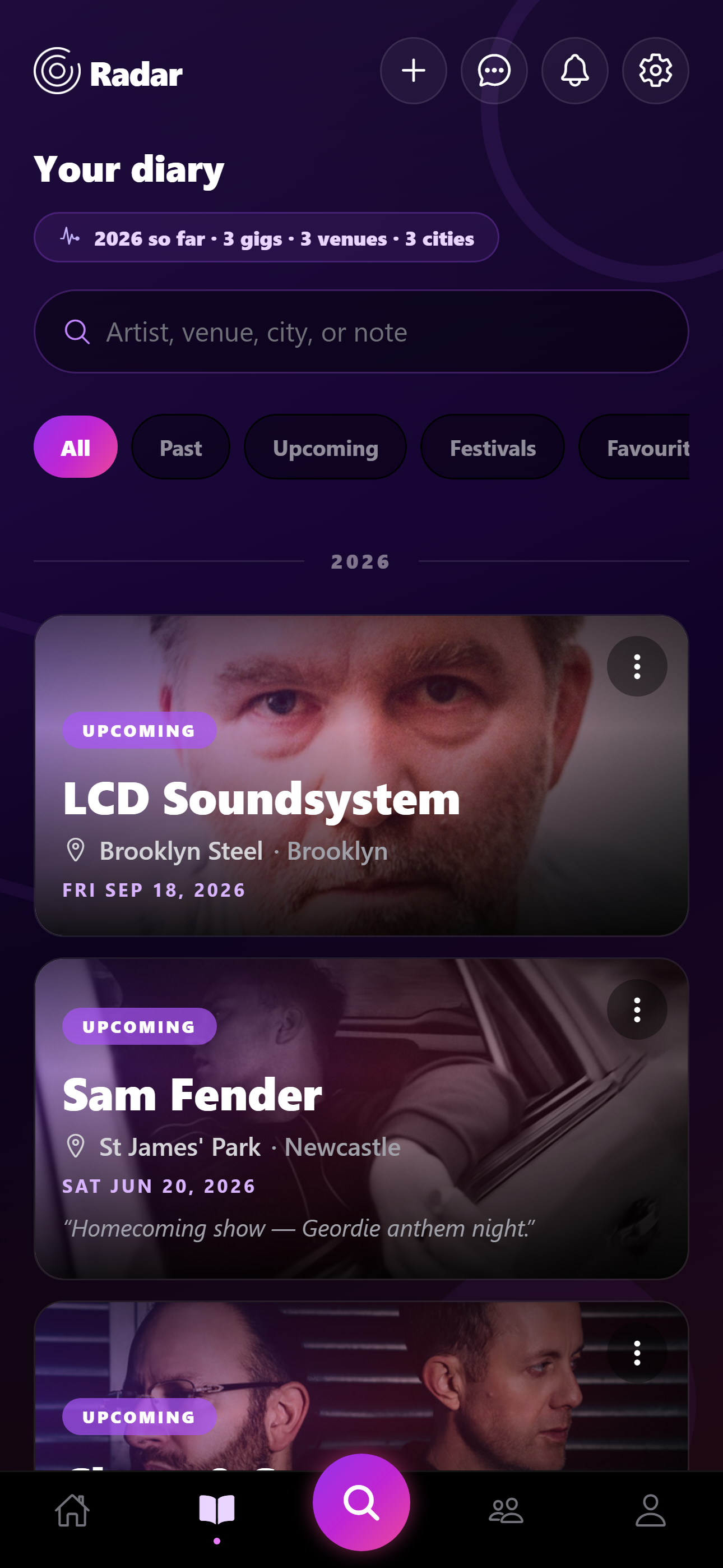 Gig diary in Radar app