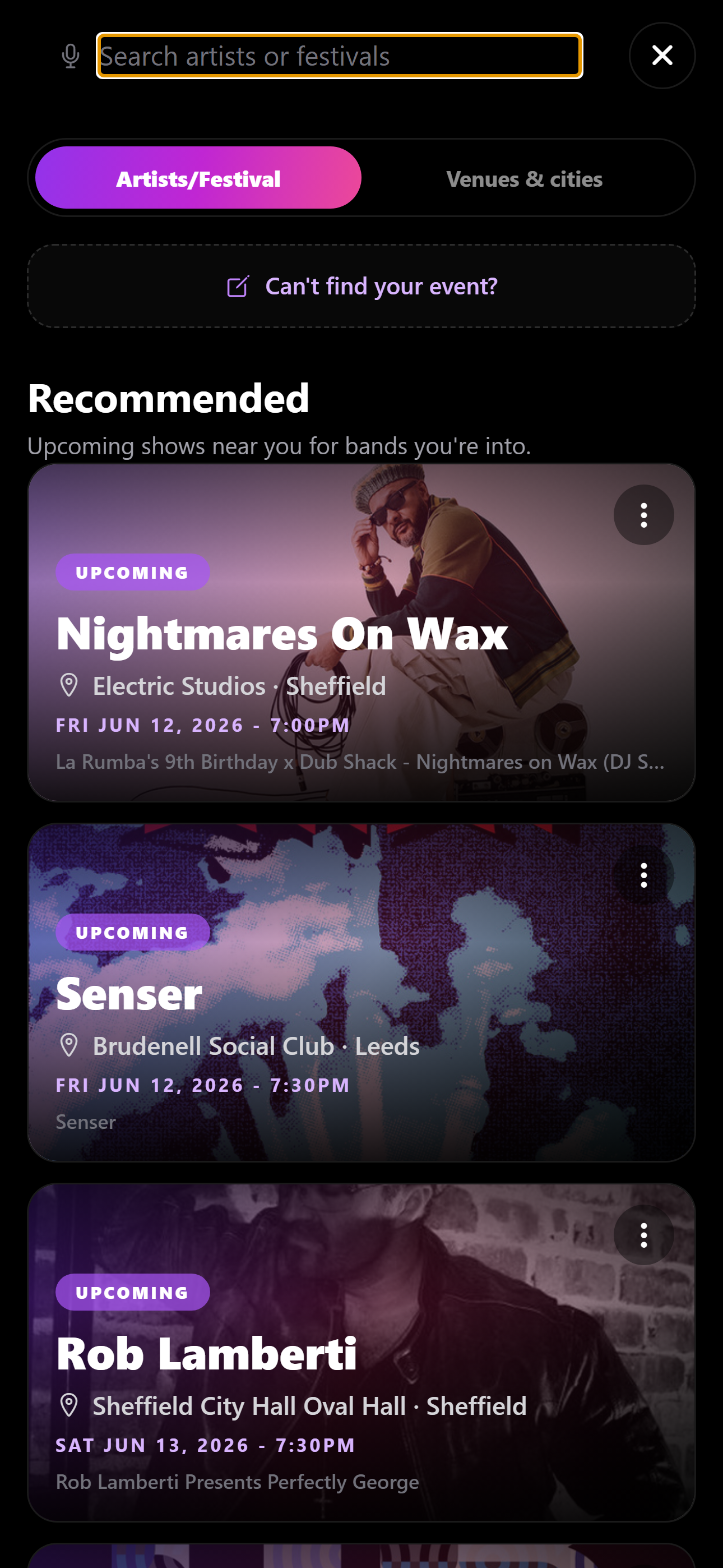 Find shows in Radar app